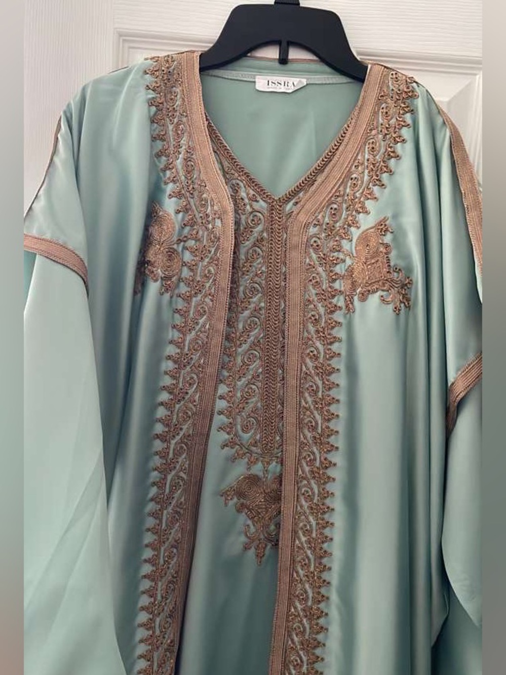 Traditional Tunisian Embroidered Kaftan in Seafoam Green with Gold Trim